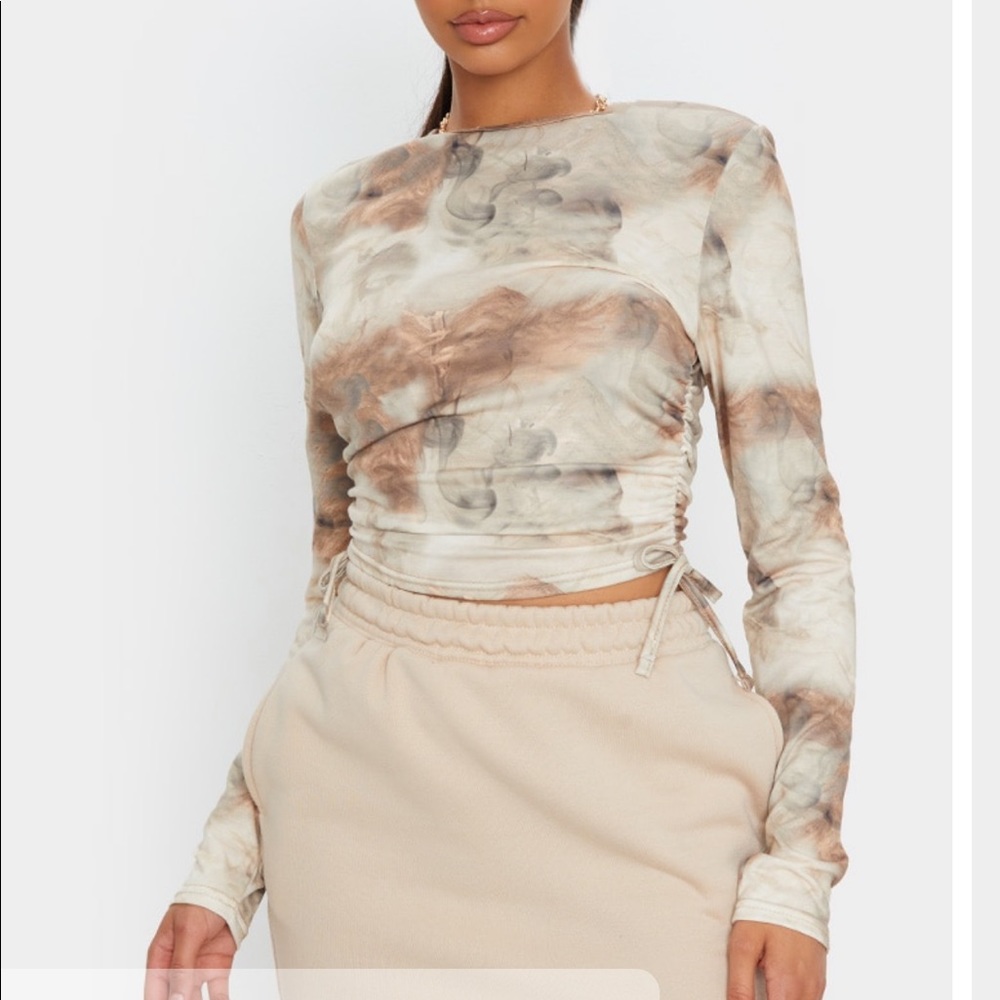 Beige PrettyLittleThing Jersey Drawstring Cropped Shirt